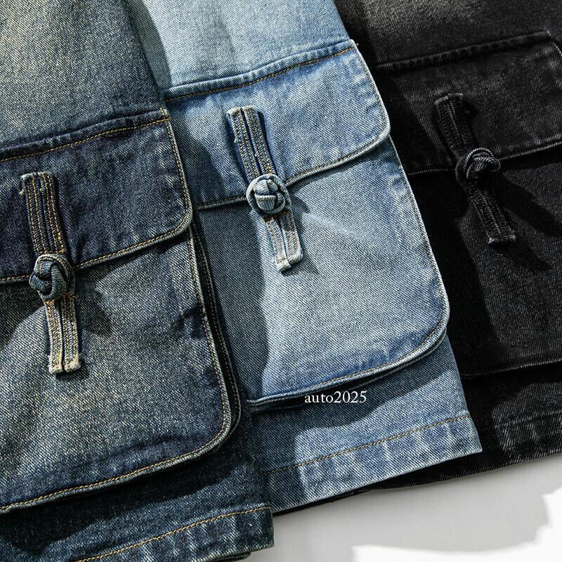 Mens Retro Denim Button Loose Coat Chinese Style Tang Zhuang Jean Jackets Casual 10