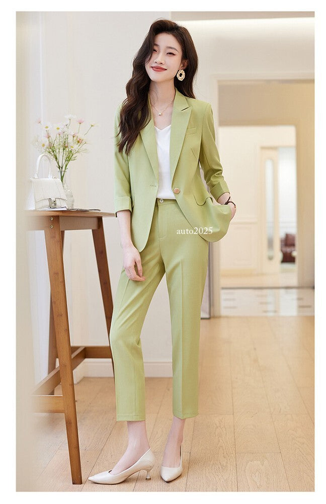 Womens Suits Jacket Pants 3/4 Sleeve Blazer One Button Business Thin Coat Ladies 13