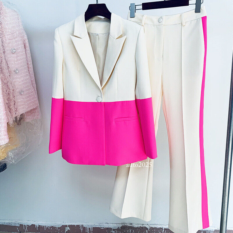Designer Women Hot Pink Light Beige Blazer Flare Trousers Suit Occident Pants C 10
