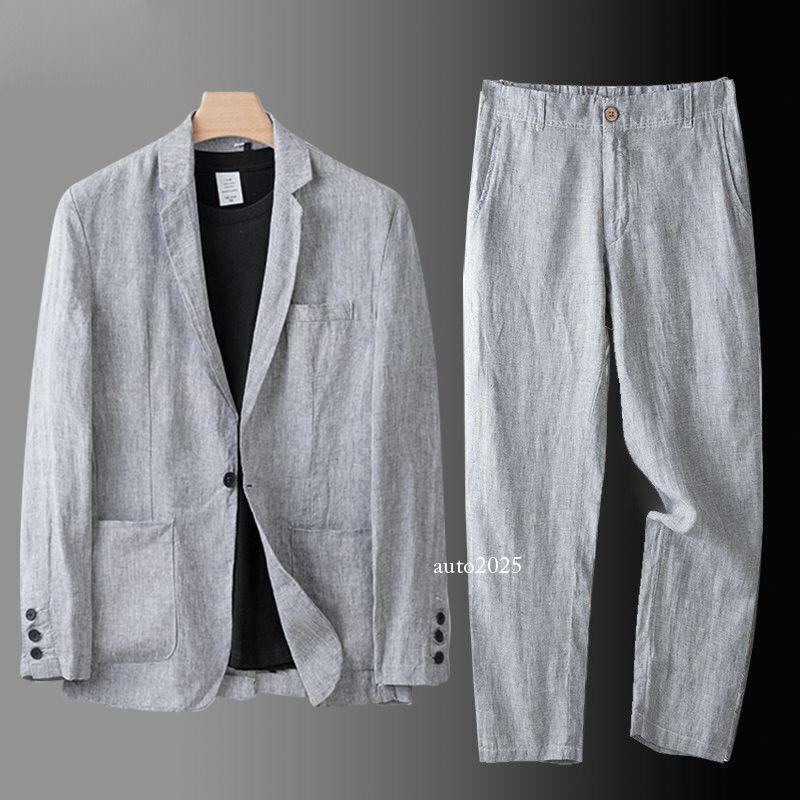 2 PC Men's Linen Suit Summer Causal Blazer + Pants Coat Beach Jacket One Button 18