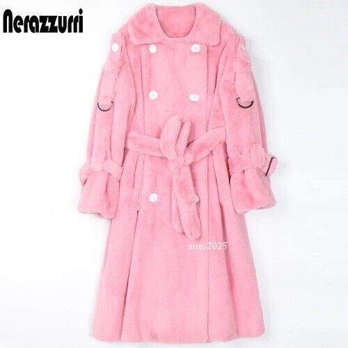 Long Warm Thick Soft Fluffy Faux Fur Trench Coat Double Breasted Pink White Belt 3