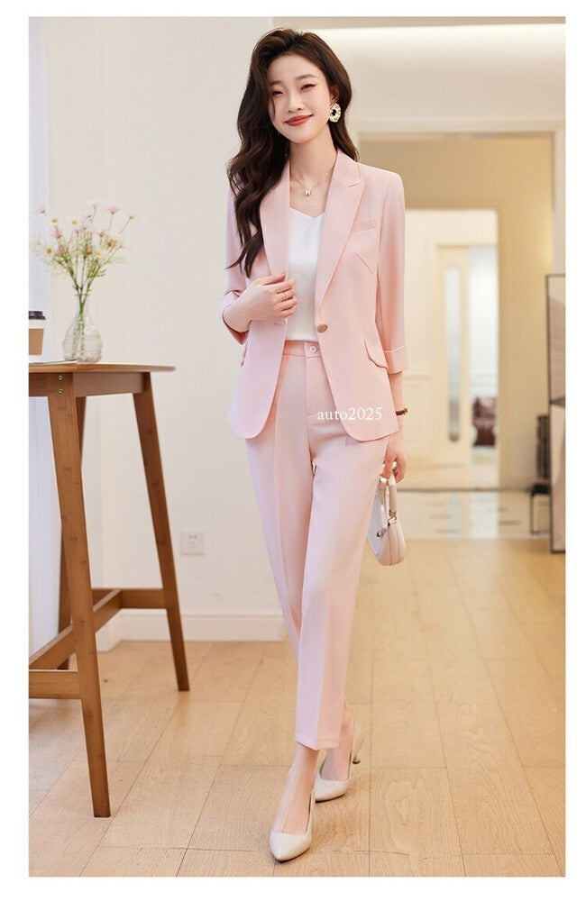 Womens Suits Jacket Pants 3/4 Sleeve Blazer One Button Business Thin Coat Ladies 19