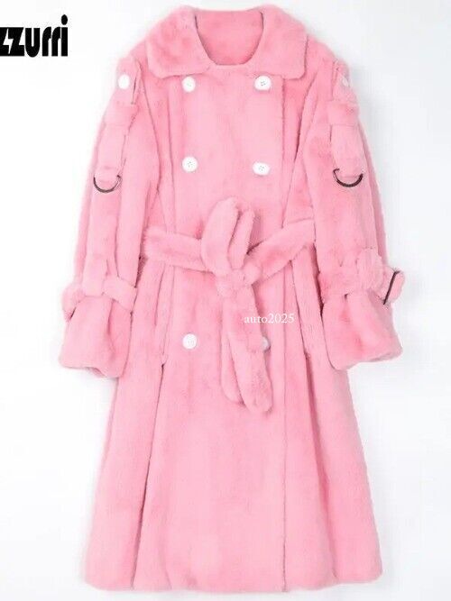 Long Warm Thick Soft Fluffy Faux Fur Trench Coat Double Breasted Pink White Belt 23