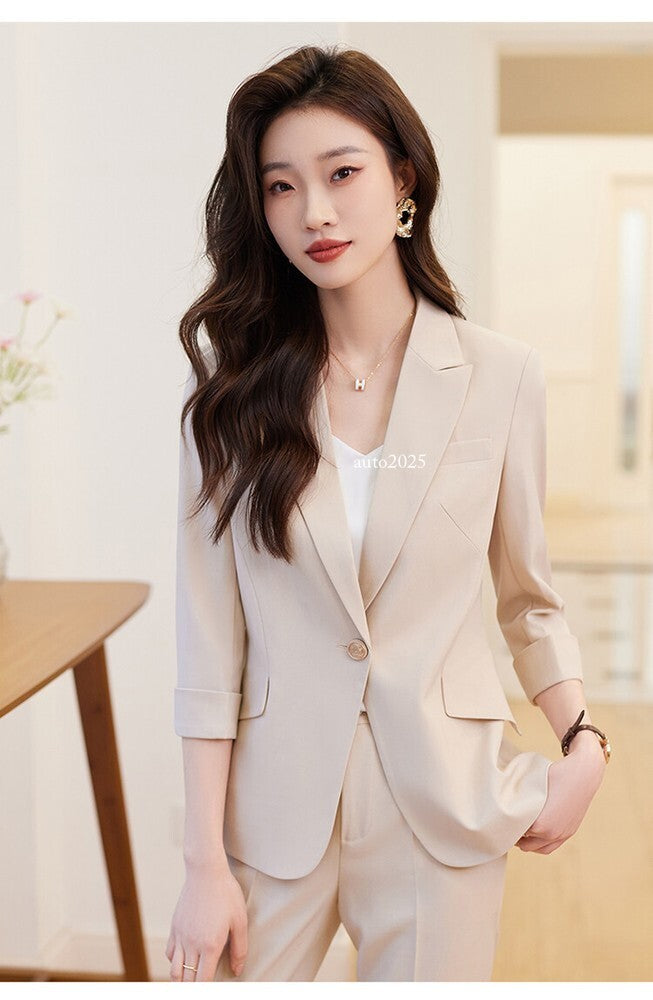 Womens Suits Jacket Pants 3/4 Sleeve Blazer One Button Business Thin Coat Ladies 15