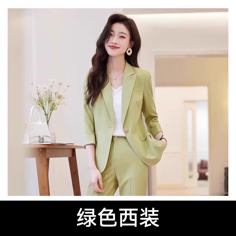 Womens Suits Jacket Pants 3/4 Sleeve Blazer One Button Business Thin Coat Ladies 38