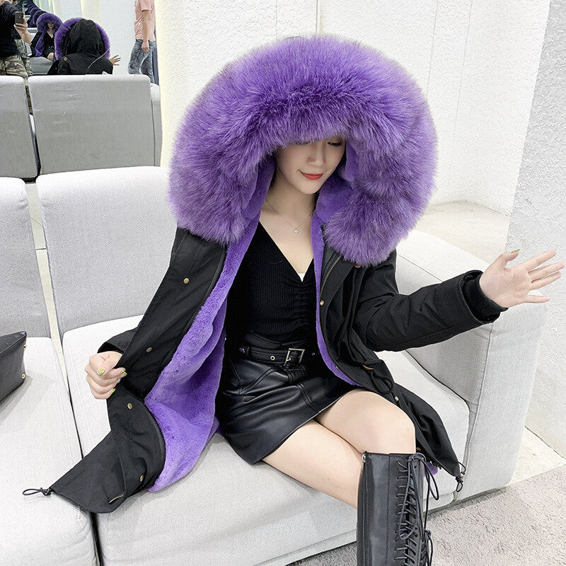 Women Winter Parka Rabbit Fur Lined Big Fox Fur Hooded Outwear Snow Jacket Warm 9