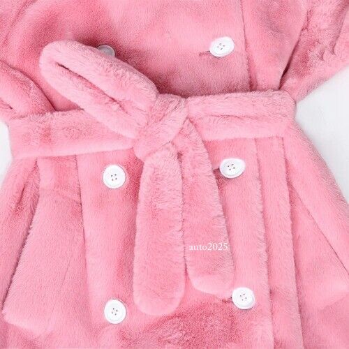 Long Warm Thick Soft Fluffy Faux Fur Trench Coat Double Breasted Pink White Belt 5