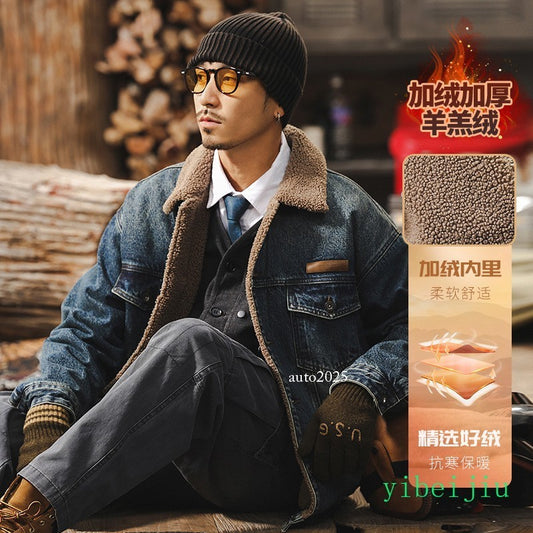 Retro Lamb Wool Fleece Denim Men's Winter Thick Cotton Jacket Men's Winter Man's 2