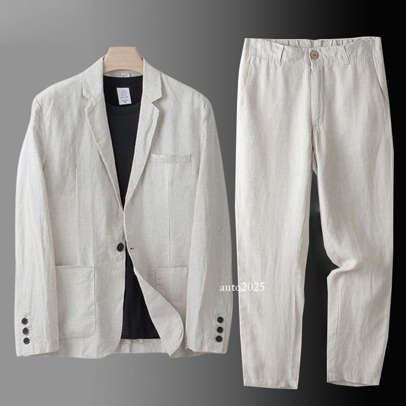2 PC Men's Linen Suit Summer Causal Blazer + Pants Coat Beach Jacket One Button 1