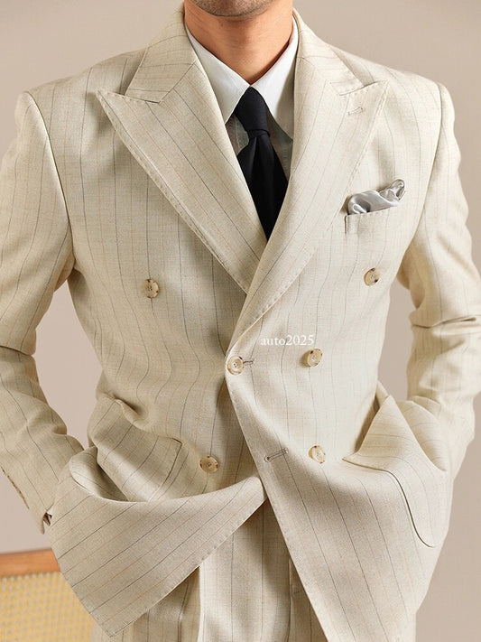 Italian Style Mens 2pcs Suit Blazer Pants Wedding Double Breasted Jacket Striped 2