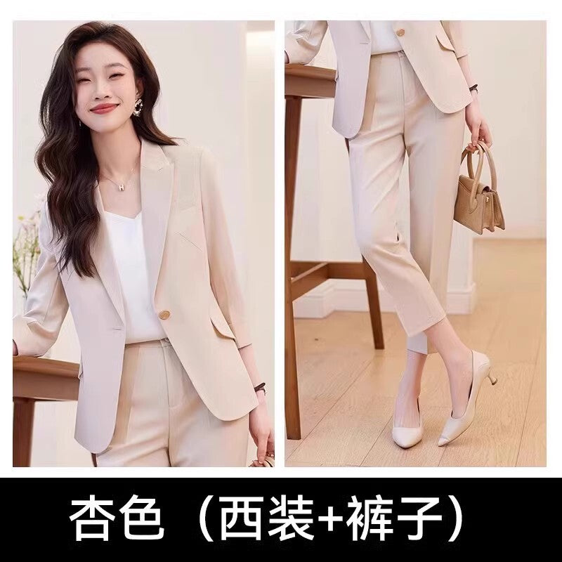 Womens Suits Jacket Pants 3/4 Sleeve Blazer One Button Business Thin Coat Ladies 28