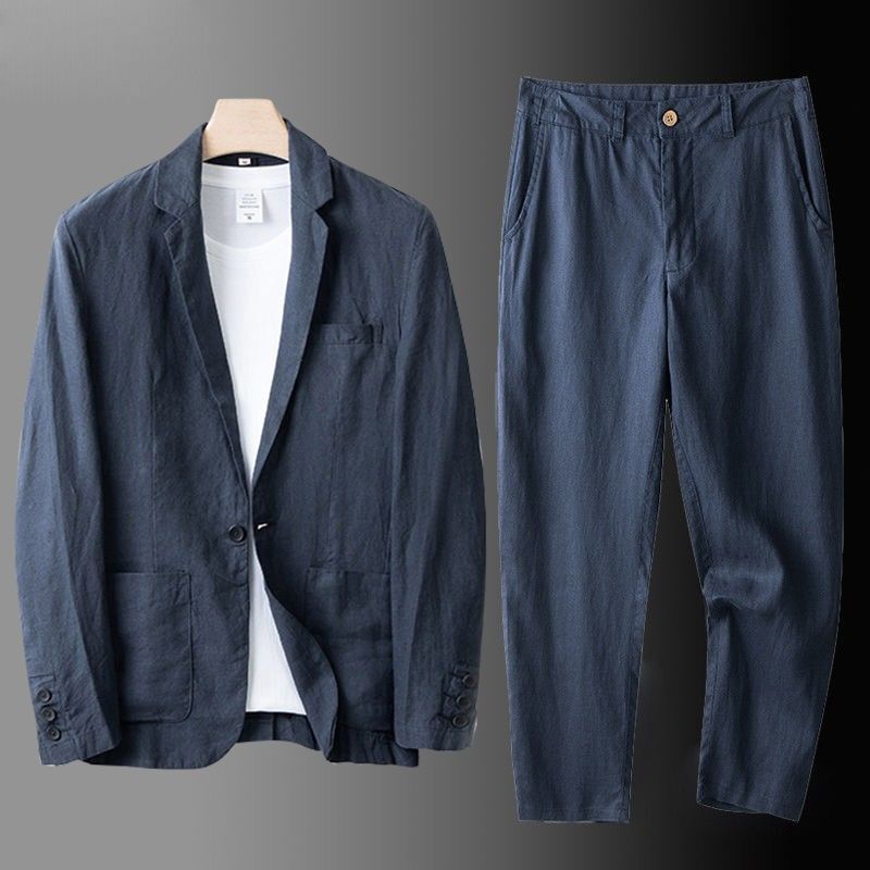 2 PC Men's Linen Suit Summer Causal Blazer + Pants Coat Beach Jacket One Button 26