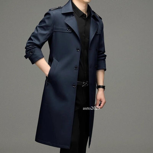 Mens Lapel Collar Double Breasted British Style Mid Long Trench Coat Overcoat Sz 2