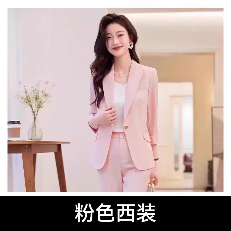 Womens Suits Jacket Pants 3/4 Sleeve Blazer One Button Business Thin Coat Ladies 27