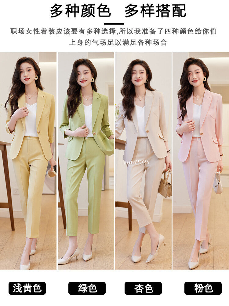 Womens Suits Jacket Pants 3/4 Sleeve Blazer One Button Business Thin Coat Ladies 3