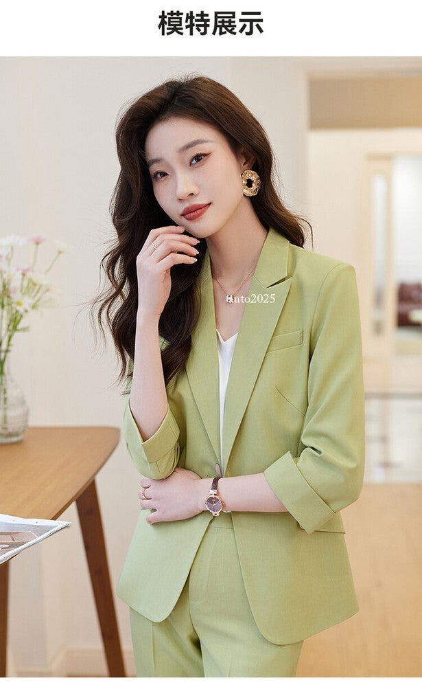 Womens Suits Jacket Pants 3/4 Sleeve Blazer One Button Business Thin Coat Ladies 10