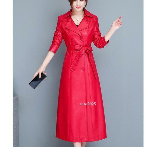 Womens Long Trench Windbreaker Leather Slim Fit Jacket Coat Belt Double Breasted 11