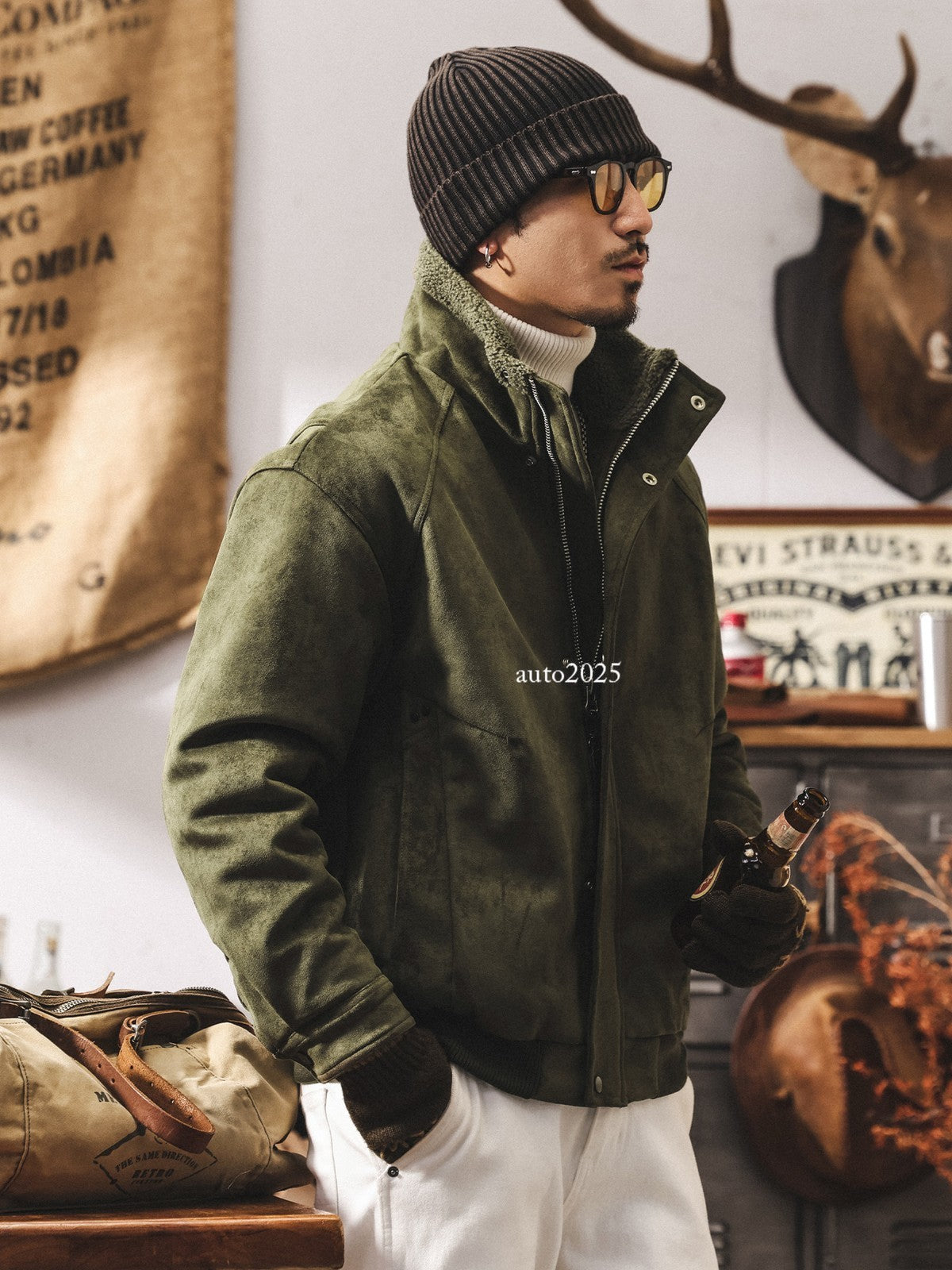 Retro Thicken Leather Cotton Coat Mens Winter Warm Cotton Jacket Suede Zip Coat 4