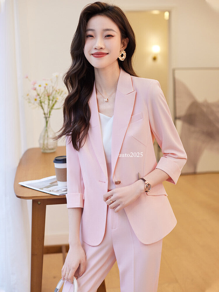 Womens Suits Jacket Pants 3/4 Sleeve Blazer One Button Business Thin Coat Ladies 4