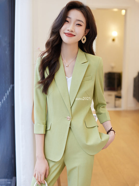 Womens Suits Jacket Pants 3/4 Sleeve Blazer One Button Business Thin Coat Ladies 2
