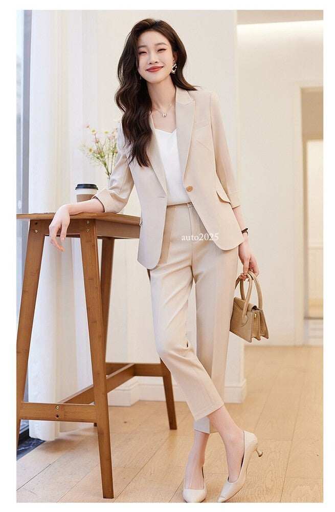 Womens Suits Jacket Pants 3/4 Sleeve Blazer One Button Business Thin Coat Ladies 16