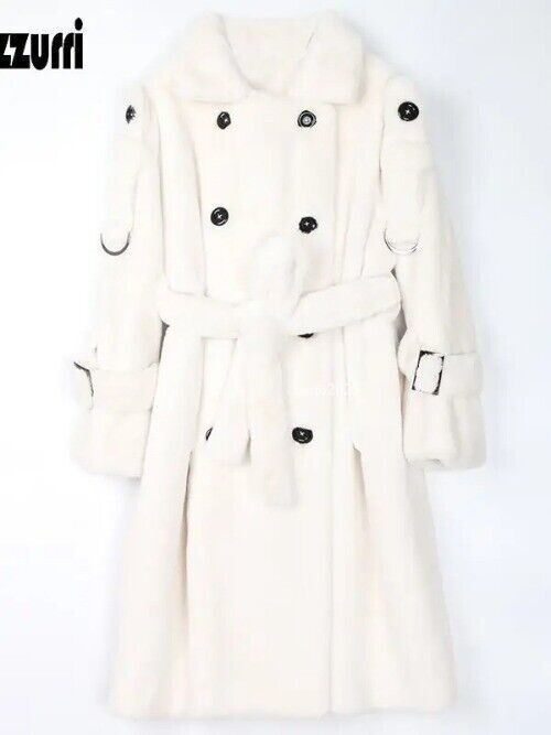 Long Warm Thick Soft Fluffy Faux Fur Trench Coat Double Breasted Pink White Belt 18