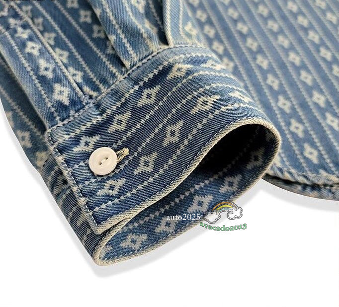 Jacquard Denim Shirt Men's Work Shirt Long Sleeve Shirt Vintage Casual Coat Top 20
