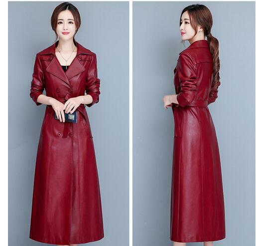 Womens Long Trench Windbreaker Leather Slim Fit Jacket Coat Belt Double Breasted 17