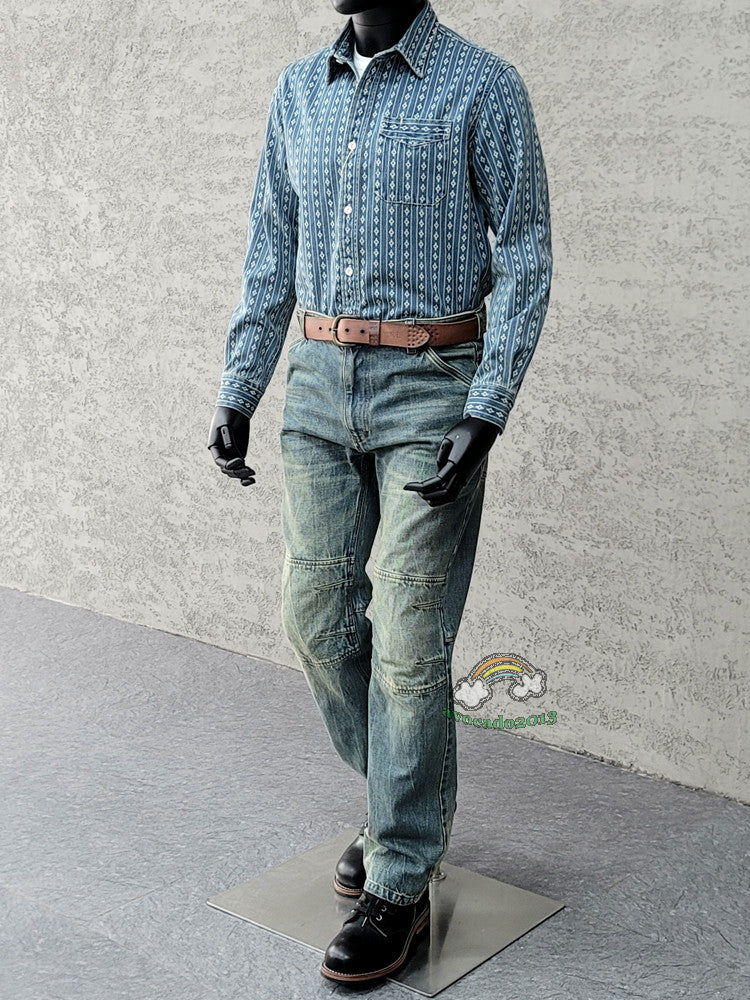 Jacquard Denim Shirt Men's Work Shirt Long Sleeve Shirt Vintage Casual Coat Top 3