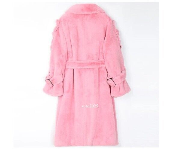 Long Warm Thick Soft Fluffy Faux Fur Trench Coat Double Breasted Pink White Belt 16