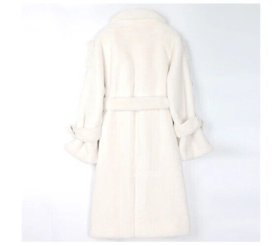 Long Warm Thick Soft Fluffy Faux Fur Trench Coat Double Breasted Pink White Belt 13