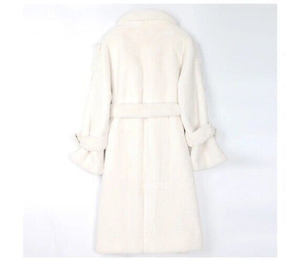 Long Warm Thick Soft Fluffy Faux Fur Trench Coat Double Breasted Pink White Belt 13