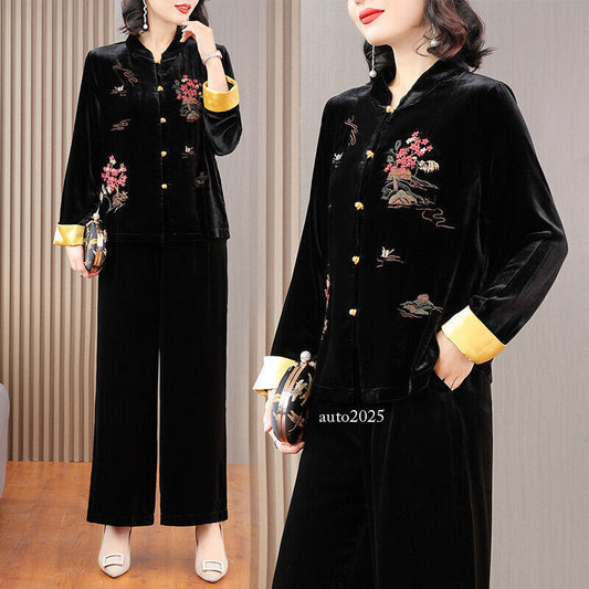 Women's Silk Velvet Set Velvet Silk Embroidery Floral Coat with Wide Leg Pants 1