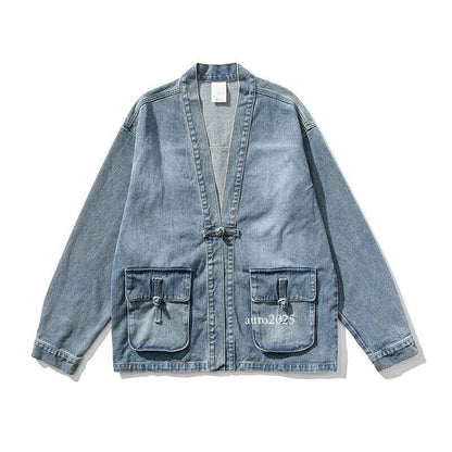 Mens Retro Denim Button Loose Coat Chinese Style Tang Zhuang Jean Jackets Casual 3