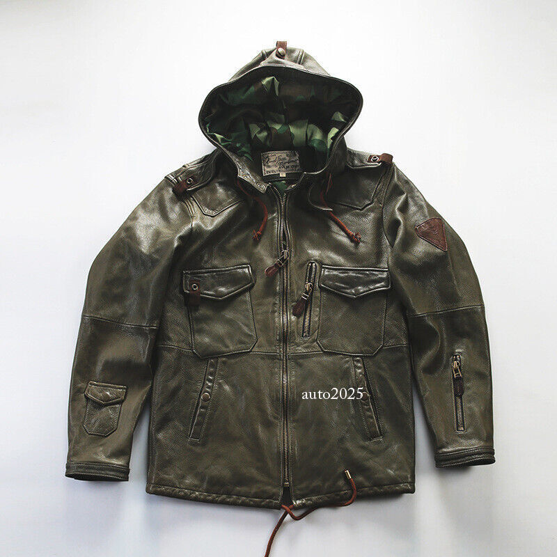 Hooded Hunting Suit Genuine Leather Suit Mens Military Green Goat Leather Jacket 19