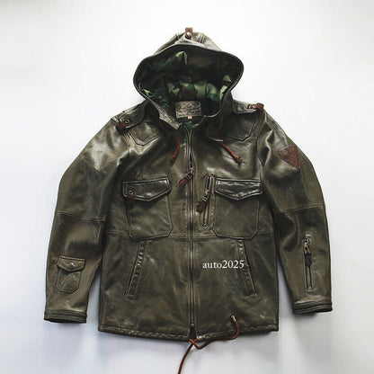 Hooded Hunting Suit Genuine Leather Suit Mens Military Green Goat Leather Jacket 19