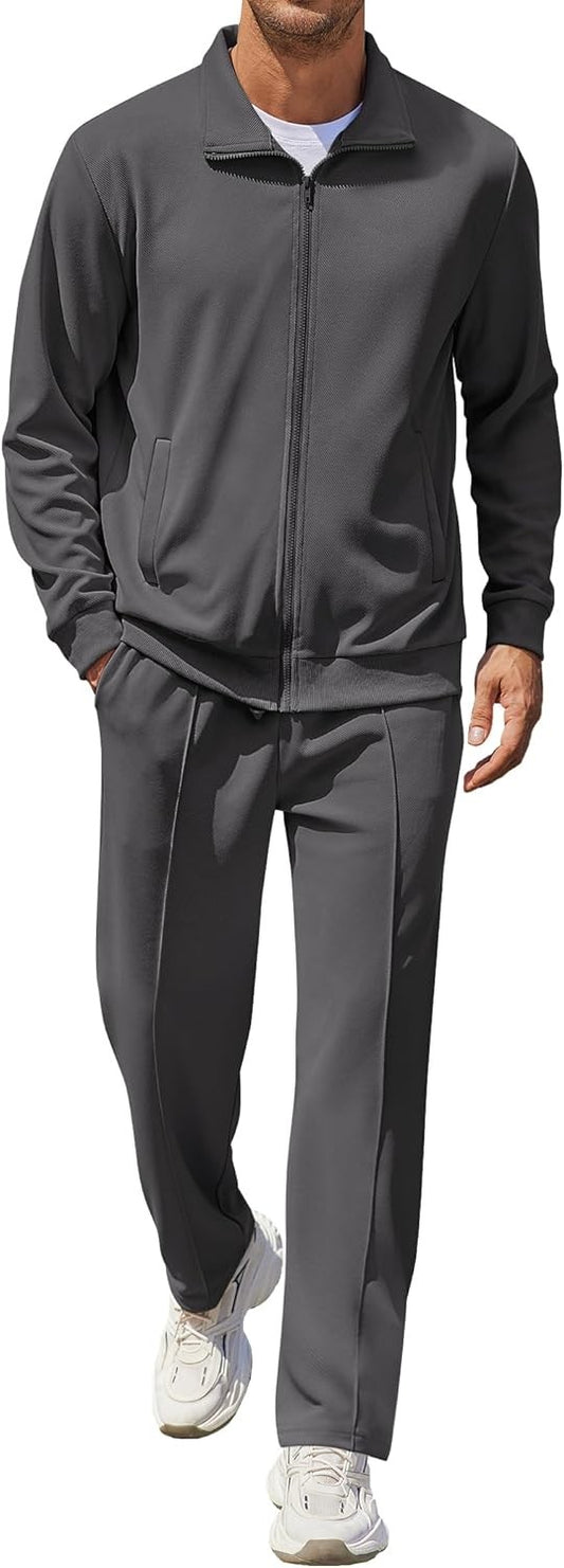 Men's 2 Piece Jacquard Knit Tracksuit Full Zip Jacket & Jogger Pants - Variants 1-5 1