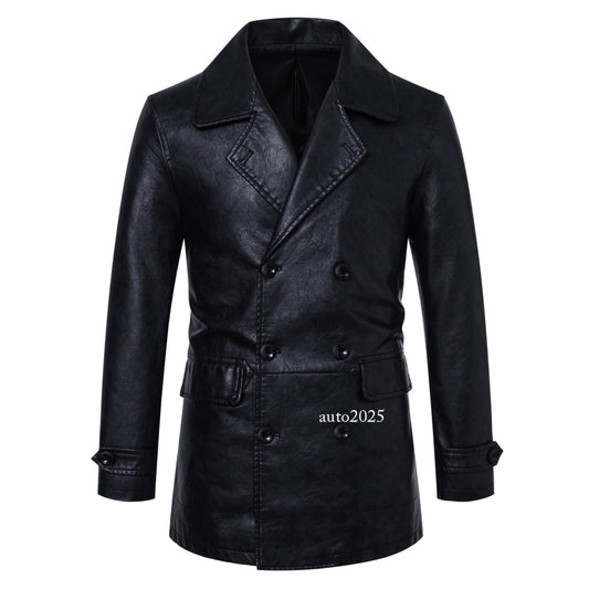 Men's Faux Leather Jacket Trench Coat Double Breasted Windbreaker Business Coats 1