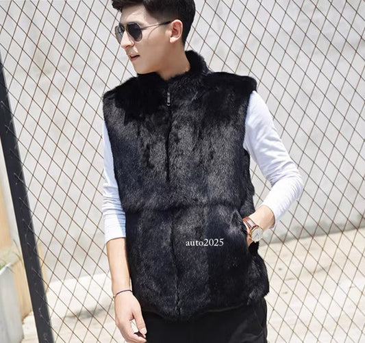 Men's Real Whole Rabbit Fur Winter Warm Coat Jacket Pocket Black Vest Waistcoat 2