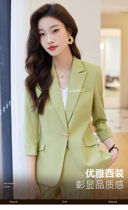 Womens Suits Jacket Pants 3/4 Sleeve Blazer One Button Business Thin Coat Ladies 7