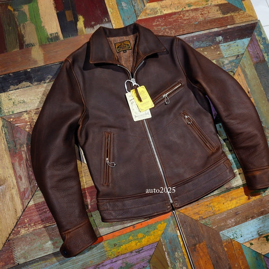 Mens Vintage Style Leather Biker Jacket Heavyweight Full Grain Cowhide Coats 1