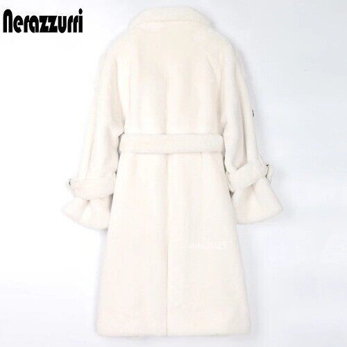 Long Warm Thick Soft Fluffy Faux Fur Trench Coat Double Breasted Pink White Belt 2