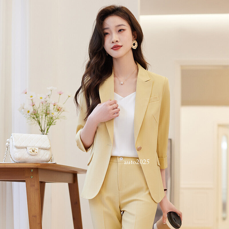 Womens Suits Jacket Pants 3/4 Sleeve Blazer One Button Business Thin Coat Ladies 6