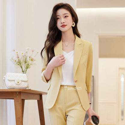 Womens Suits Jacket Pants 3/4 Sleeve Blazer One Button Business Thin Coat Ladies 6