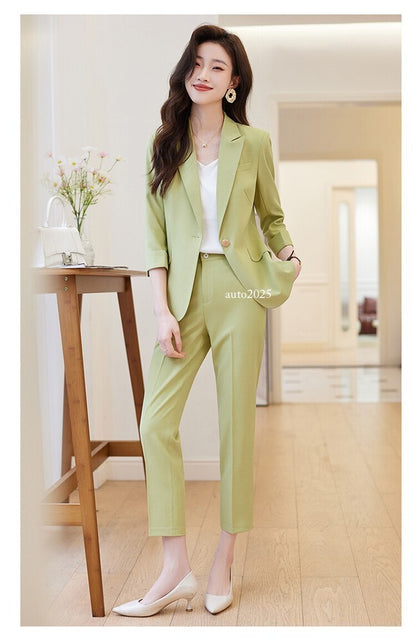 Womens Suits Jacket Pants 3/4 Sleeve Blazer One Button Business Thin Coat Ladies 13