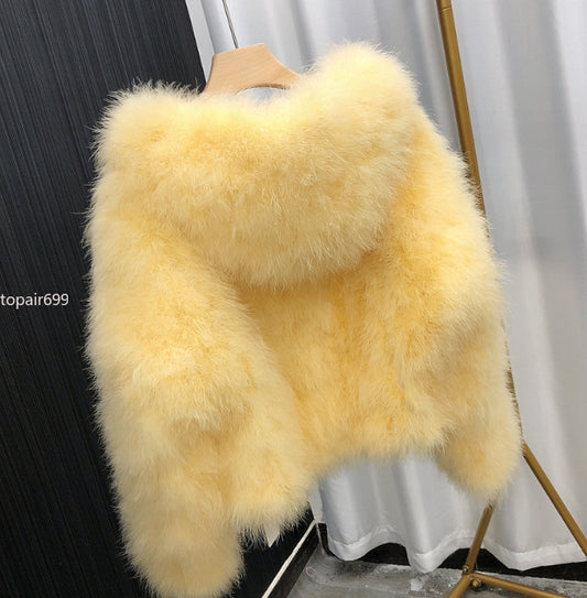Women's 100% Genuine Ostrich Fur Hooded Coat Real Fur Warm Soft Jacket Outerwear 2