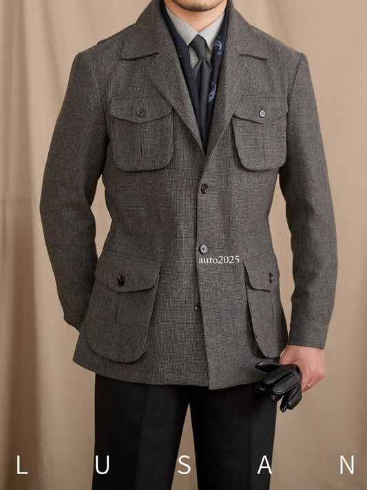 Retro British Men's Wool Multi-pocket Hunting Coat Safari Jacket Single Breasted 1