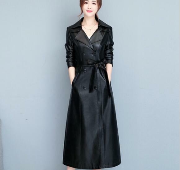Womens Long Trench Windbreaker Leather Slim Fit Jacket Coat Belt Double Breasted 14