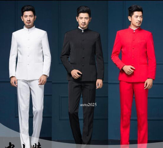 Men Formal Dress 2pcs Suits Stand Collar Chinese Tunic Suit Slim Fit Pants Coat 1