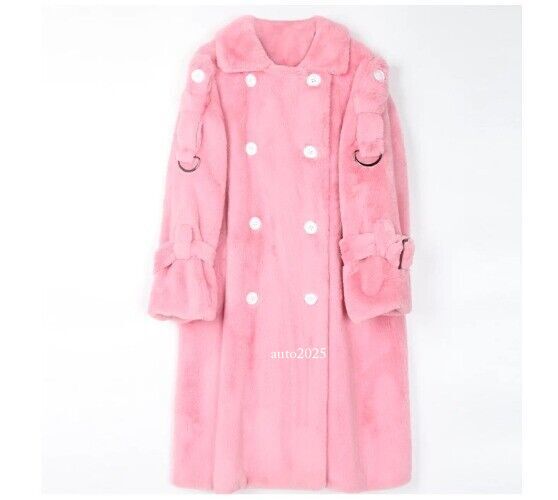 Long Warm Thick Soft Fluffy Faux Fur Trench Coat Double Breasted Pink White Belt 15